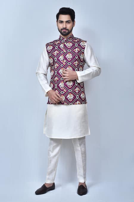 Arihant Rai Sinha Elephant Patola Print Cotton Silk Bundi & Kurta Set 