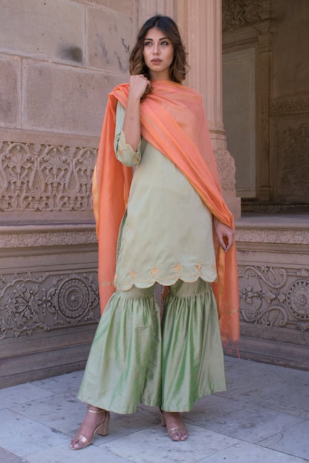 The Home Affair Green Cotton, Silk Gota Patti Boat Neck Work Kurta Gharara Set