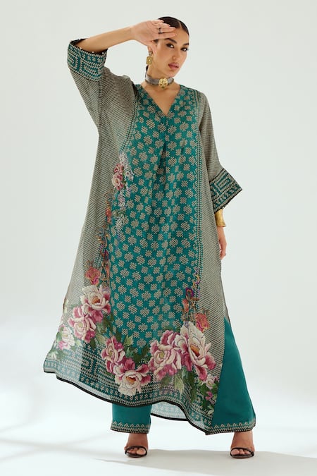 Rajdeep Ranawat Green Silk Printed Geometric V Neck Banera Kimono Tunic 