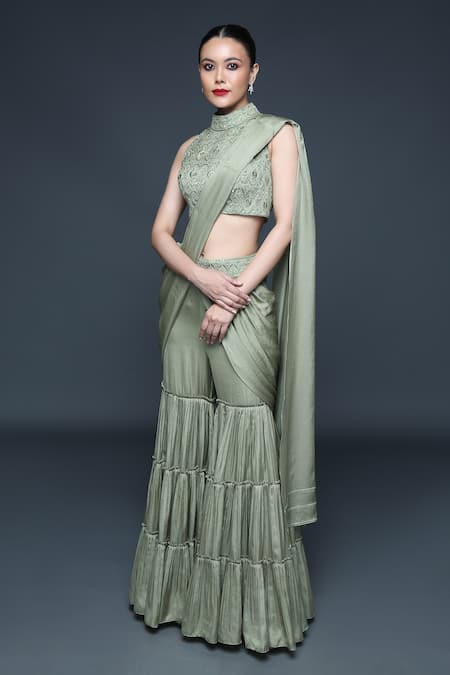 Sanjev Marwaaha Sharara Pant Saree With Embroidered Blouse 