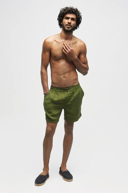 Buy Terra Luna Green 100% Linen Solid Shorts at Aza Fashions Buy_Terra Luna_Green 100% Linen Solid Shorts _at_Aza_Fashions