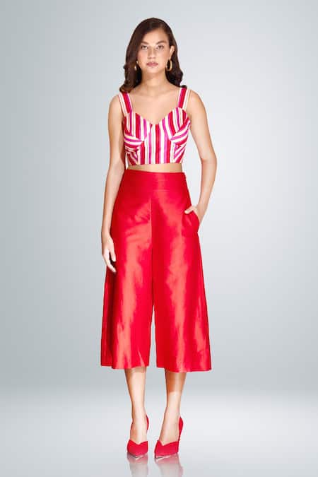 Betrue Red Cotton, Silk V-neck Striped Bustier
