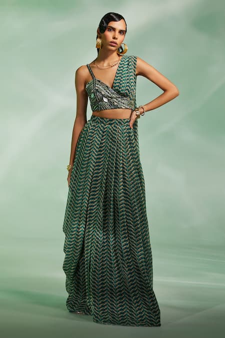 Divya Aggarwal Green Chiffon Printed Geometric V Neck Verity Draped Skirt And Blouse Set 