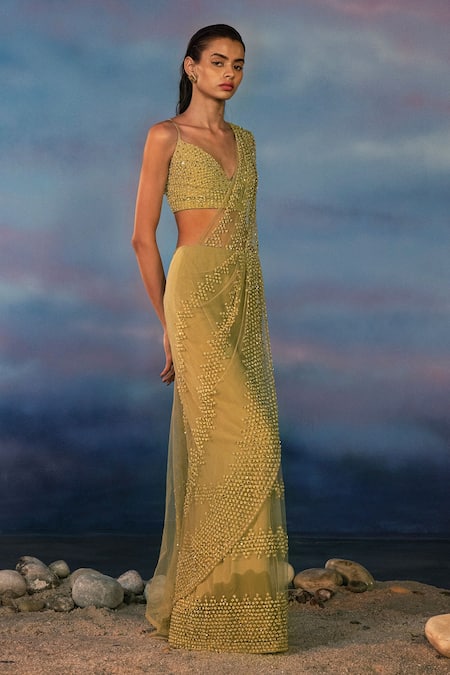 Rohit Gandhi + Rahul Khanna Green Viscose Crystals, Sequins Pre-draped Peridot Embroidered Saree With Blouse 