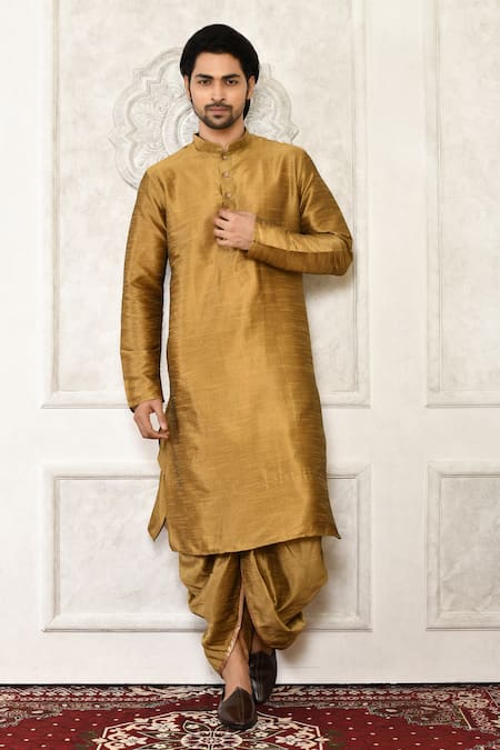 Arihant Rai Sinha Gold Dupion Silk Solid Kurta And Dhoti Pant Set