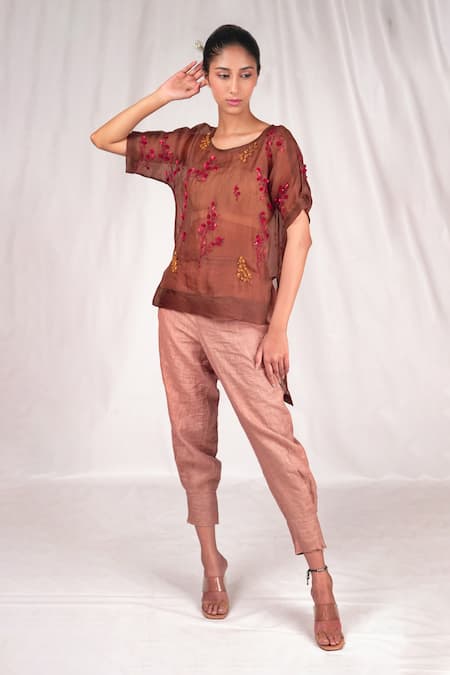 Seesa Brown Organza, Silk Embroidery Round Neck Top 