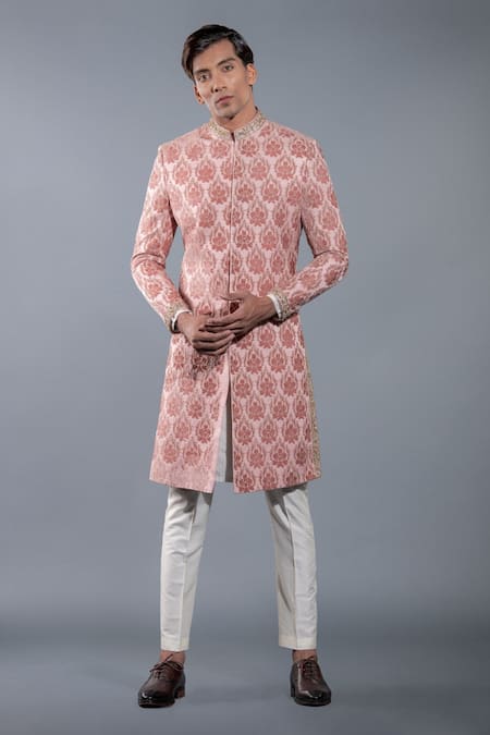 More Mischief Pink Silk Linen Embroidered Zari Floral Pattern Sherwani Set 