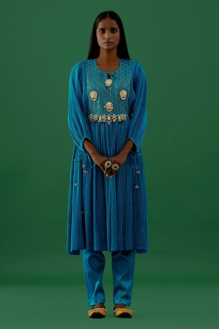 5Elements Yoke Pearl Embroidered Anarkali & Pant Set 