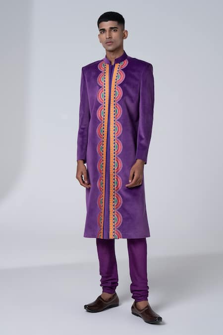 Buy Siddhartha Bansal Purple Cotton Satin, Suede, Cotton, Silk Embroidery Scallop Pattern Sherwani Set at Aza Fashions Buy_Siddhartha Bansal_Purple Cotton Satin, Suede, Cotton, Silk Embroidery Scallop Pattern Sherwani Set _at_Aza_Fashions