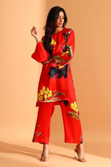 Moh India Red Cotton, Silk Keyhole Neck Flower Printed Tunic And Trouser Set
