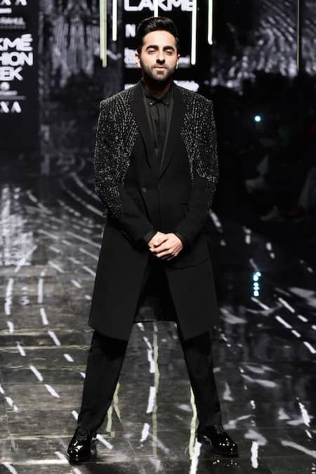 Rohit Gandhi + Rahul Khanna Black Crepe Embellished Glass And Interstellar Layered Tuxedo & Trouser Set 