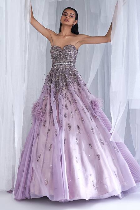 Lunss Scattering Feather Appliqued Purple Tulle Ball Gown Dress