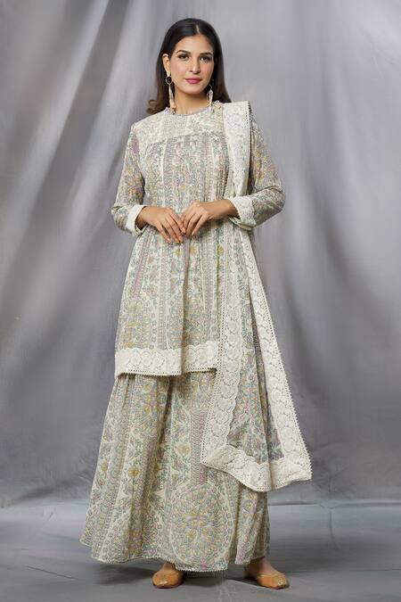 Shop Aksh Ivory Georgette, Taffeta Lace Round Neck Kantha Print Kurta Sharara Set Online at Aza Fashions Shop_Aksh_Ivory Georgette, Taffeta Lace Round Neck Kantha Print Kurta Sharara Set_Online_at_Aza_Fashions