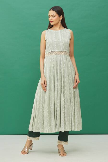 Samyukta Singhania_Green Cotton Embroidery, Sequins Round Neck Geometric Stripe Print Anarkali_Online_at_Aza_Fashions