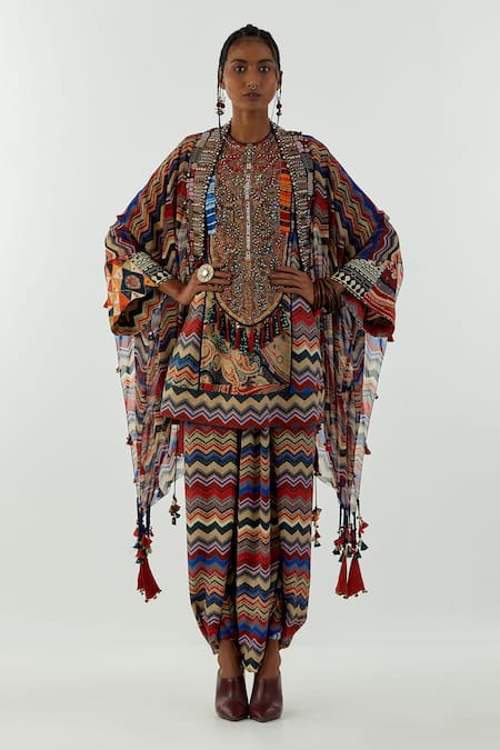 Aseem Kapoor Multi Color Trouser-natural Crepe, Tunic- Afghan Printed Kurta And Set 