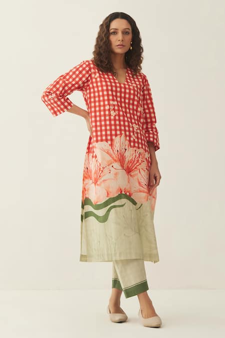 Shivani Bhargava Gingham Checks & Floral Print Kurta & Pant Set 
