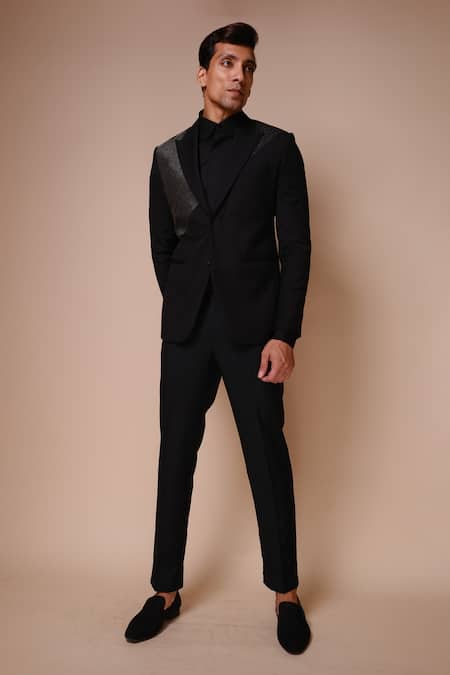 Tisa - Men Black Terry Rayon Plain Textured Tuxedo Set 