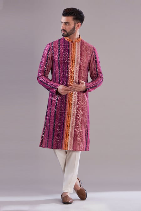 Kasbah Pink Georgette Printed Striped Pattern And Sequin Embroidered Kurta