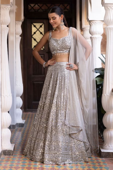 Buy Ivory Georgette And Soft Net Embroidery Sequin & Lehenga