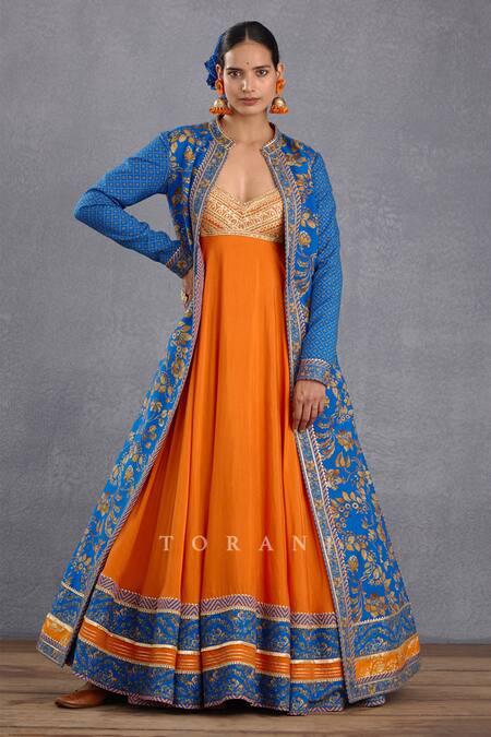 Torani Blue Silk Gota Patti, Embroidery Round Rang Palaash Raabia Anarkali With Jacket Online at Aza Fashions Torani_Blue Silk Gota Patti, Embroidery Round Rang Palaash Raabia Anarkali With Jacket _Online_at_Aza_Fashions