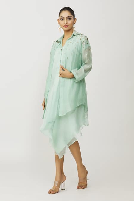 Neeta Bhargava Asymmetric Hem Kota Dress With Embroidered Jacket 