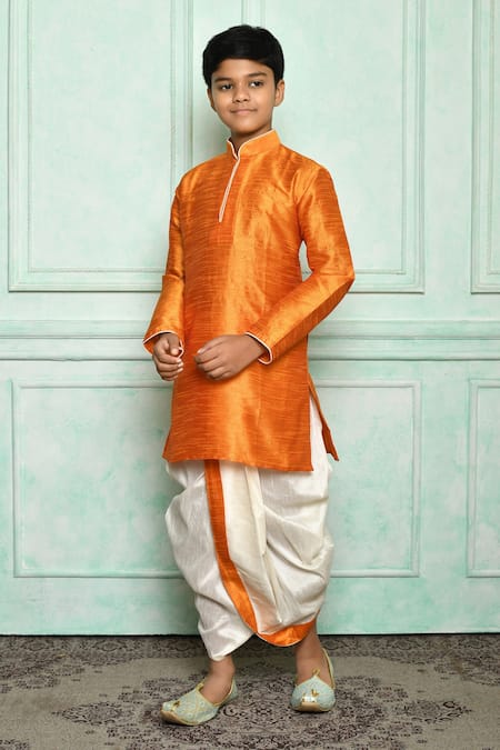 Petite Pomme Orange , Satin Solid Kurta And Cream Dhoti Pant Set 