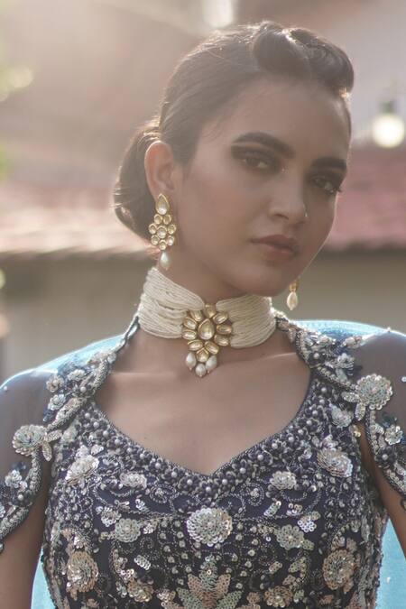 Shop Ishhaara Gold Plated Beads Floral Kundan Choker Set at Aza Fashions Shop_Ishhaara_Gold Plated Beads Floral Kundan Choker Set _at_Aza_Fashions