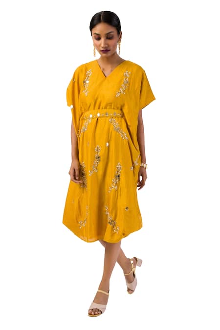 Meghna Shah Yellow Denim Beads, Stones V-neck Hand Embroidered Kaftan Dress With Belt 