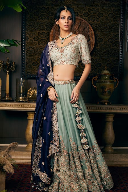 Prisho Green Silk, Organza Embroidery, Sequins Floral And Zardozi Bridal Lehenga Set 