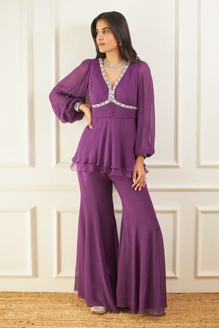 Label Sanya Gulati Layered Ruffle Peplum & Flared Pant Set 