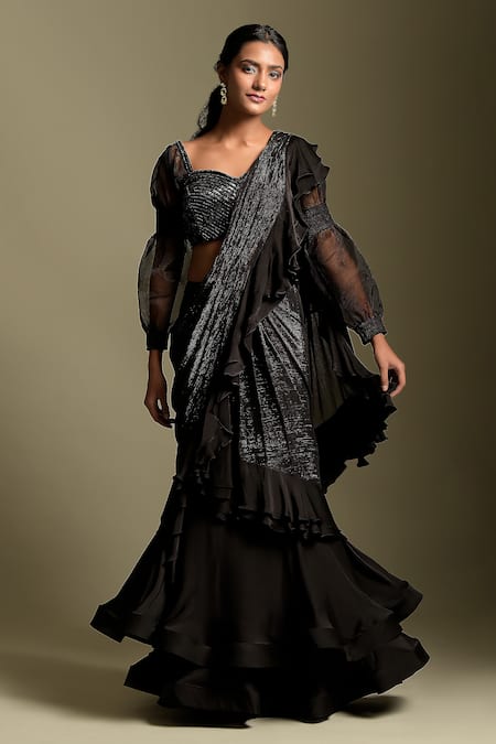Black Chiffon Draped Ruffled Saree Set Design by Ridhi Mehra at Pernia's  Pop Up Shop 2024