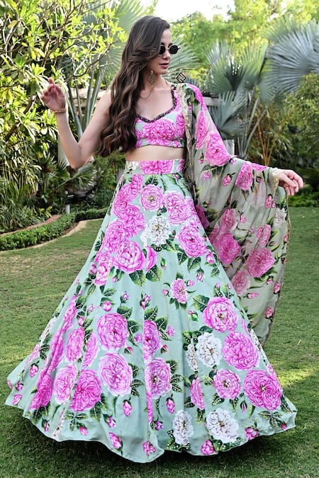 SANAM Green Pure Silk Printed And Hand Embroidered Bloom Flower Giselle Lehenga Set 