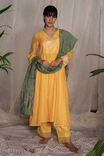 Shop Pants And Pajamas Yellow Chanderi Mirrors V-neck Candy Stick Chikankari Kurta Online at Aza Fashions Shop_Pants And Pajamas_Yellow Chanderi Mirrors V-neck Candy Stick Chikankari Kurta _Online_at_Aza_Fashions