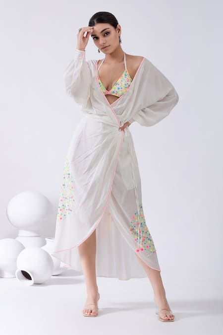 Kacha Tanka Thread Embroidered Wrap Dress With Bralette 