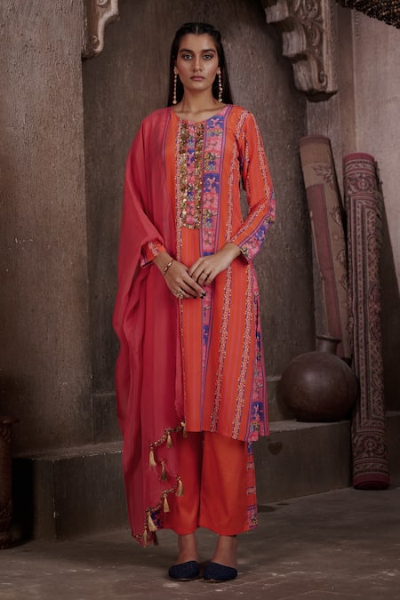 AFFROZ Floral Print Straight Kurta Palazzo Set 