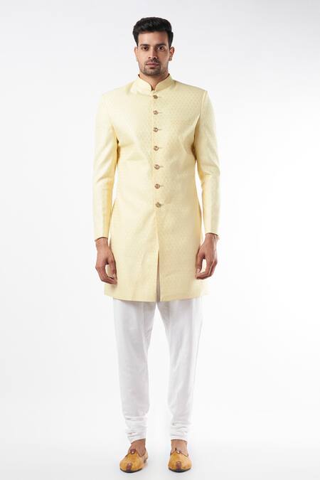 Spring Break Yellow Polyester Cotton Floral Pattern Mandarin Collar Sherwani Set