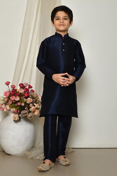 Petite Pomme Blue Silk Solid Kurta Set With Pant 