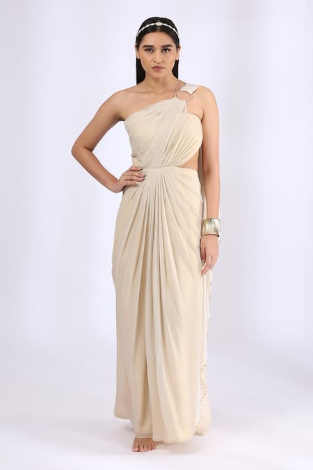 Neha Gursahani Ivory Shimmer Georgette Asymmetric Ring Detailing Pre Draped Saree Gown