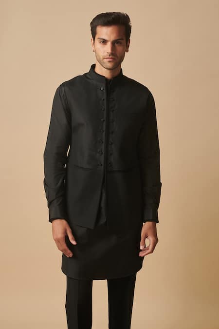 Philocaly Black 100% Silk Plain Pintuck Detail Bundi Jacket 