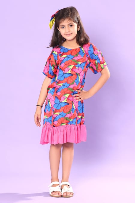 Littlecheer Multi Color Viscose, Satin Butterfly Print Tiered Dress 