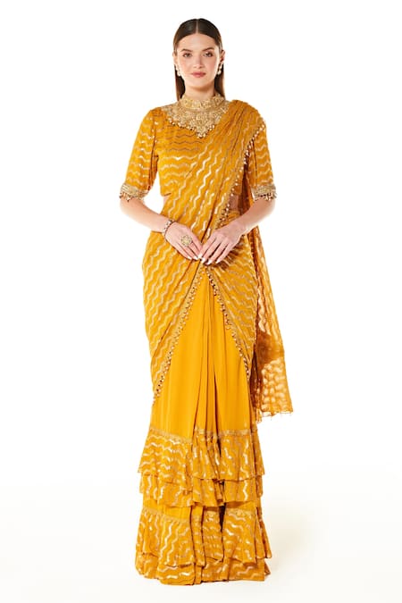 Rabani & Rakha Yellow Georgette Sequins, Cut Work Sairaa Layered Pre-draped Saree With Blouse 