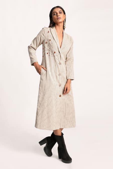 Kritika Murarka Beige Crepe Cotton, Lining Mulmul Floral Embroidery, Pinstripe Blazer Dress