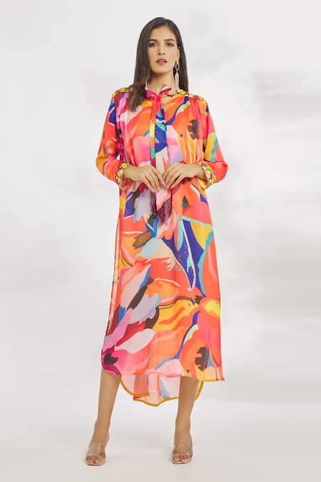 Paksh Geometric Print & Embroidered Midi Dress 