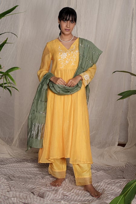 Marigold kurta from the Darpan Navratri collection. Details 1. Kurta in  lemon yellow color 2. Khadi cotton white pants 3. Embroidery de... |  Instagram