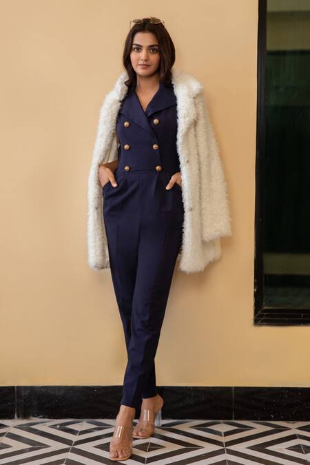Buy_B'Infinite_Blue Crepe Lapel Collar Sleeveless Blazer Jumpsuit_Online_at_Aza_Fashions