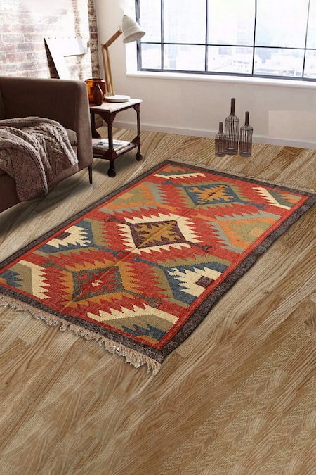 Multi Color Jute Wool Hand Woven Rectangle Shape Rug By Nakshikathaa Homeware Online At Aza Fashions