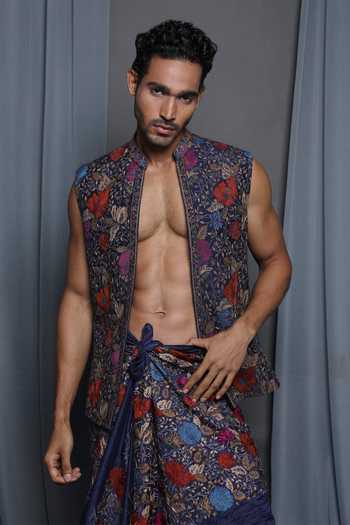 KRISHNA MEHTA Floral Embroidered Navy Bundi