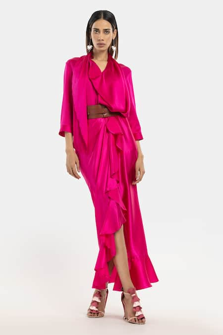 431-88 by Shweta Kapur Fuchsia Silk Satin Scarf Neck Shirt  