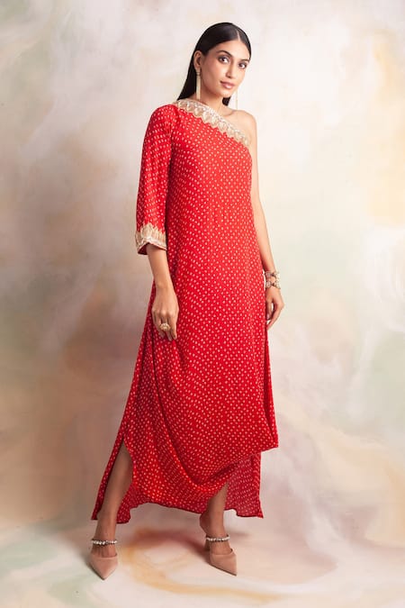 Palak & Mehak Red Crepe Bandhani One Shoulder Dress 