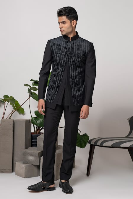 Abkasa Black Terrycloth Embroidery Pintuck Bandhgala And Trouser Set 